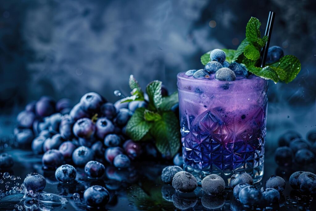 glasses of blueberries smoothie or shake with fresh blueberries and mint Free Photo