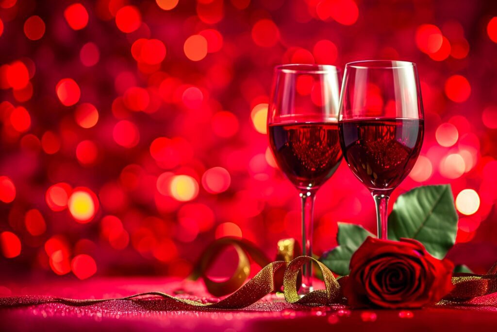 glasses wine, bloomed red rose golden ribbon, romantic theme celebrations of love Ai generated Free Photo