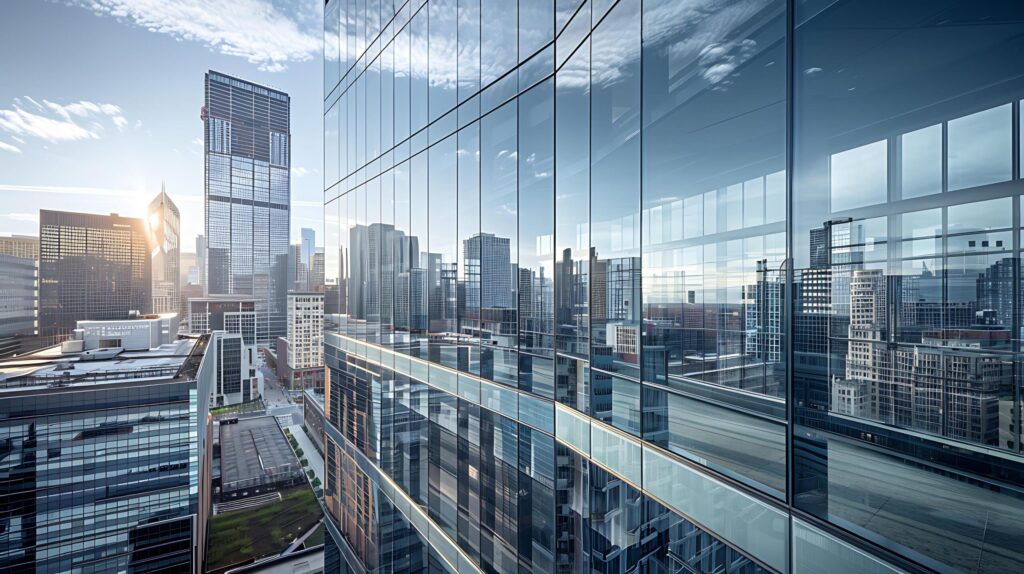 GlassLined Office Tower in Urban Skyline Captured with Expansive 24mm Perspective Free Photo