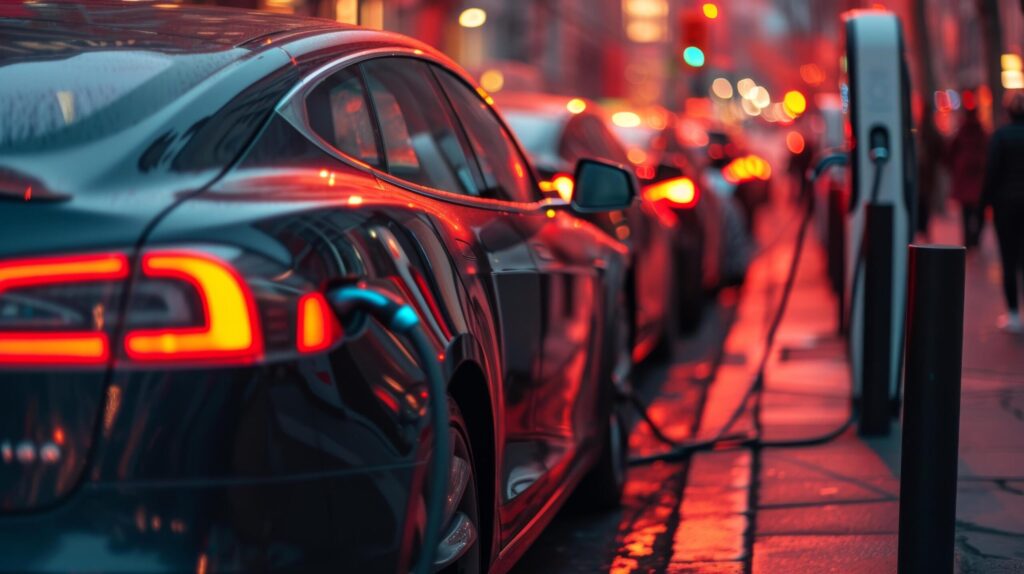 Global Warming street with electric vehicles plugged into charging stations Free Photo