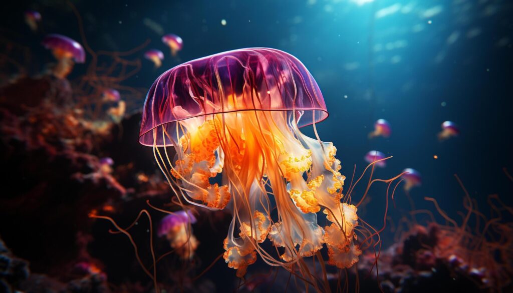 Glowing underwater beauty fish, tentacles, and colorful cnidarians swimming generated by AI Free Photo