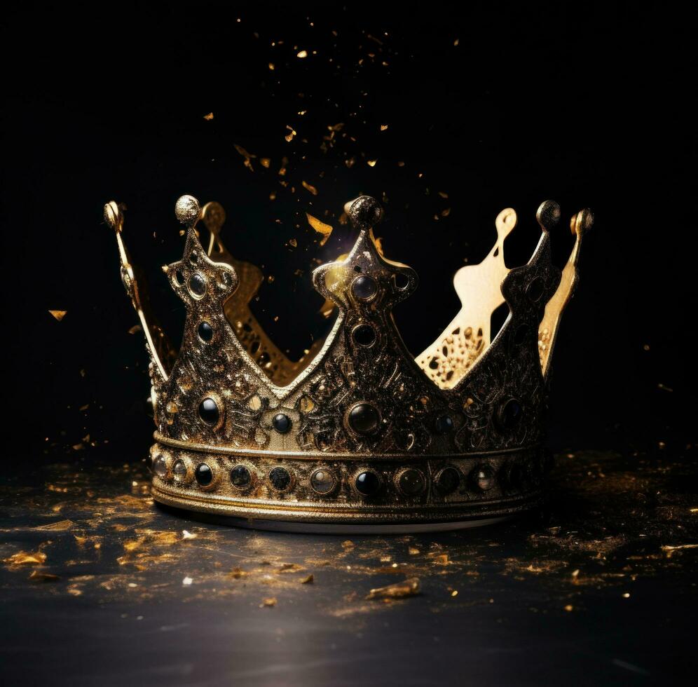 AI generated gold crown with golden glitter, on black background, Stock Free