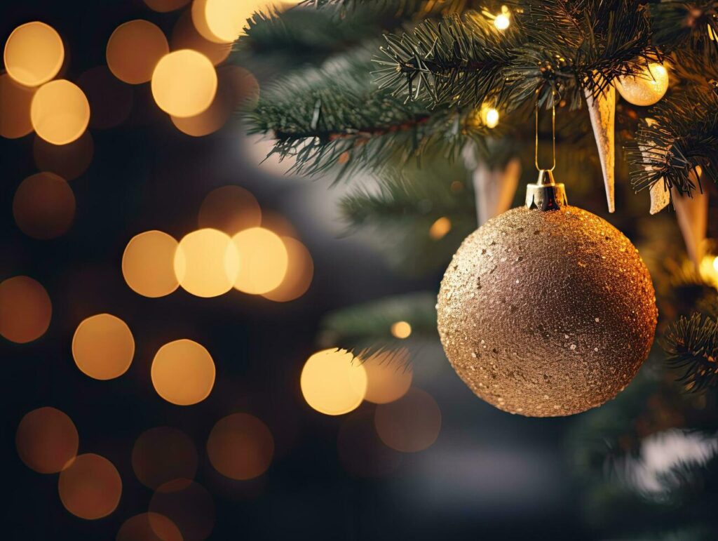 AI generated Gold glitter Christmas bauble on a bokeh lights background Stock Free