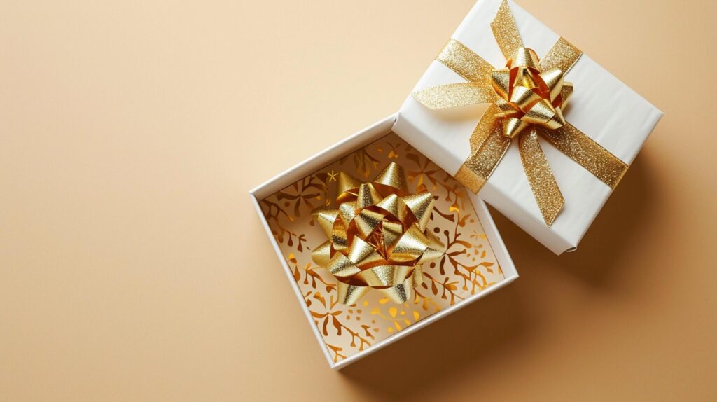 Golden Elegance Unveiled 3D Top View of Luxury Gift Box with Ribbon, Empty Space, Ai generated Free Photo