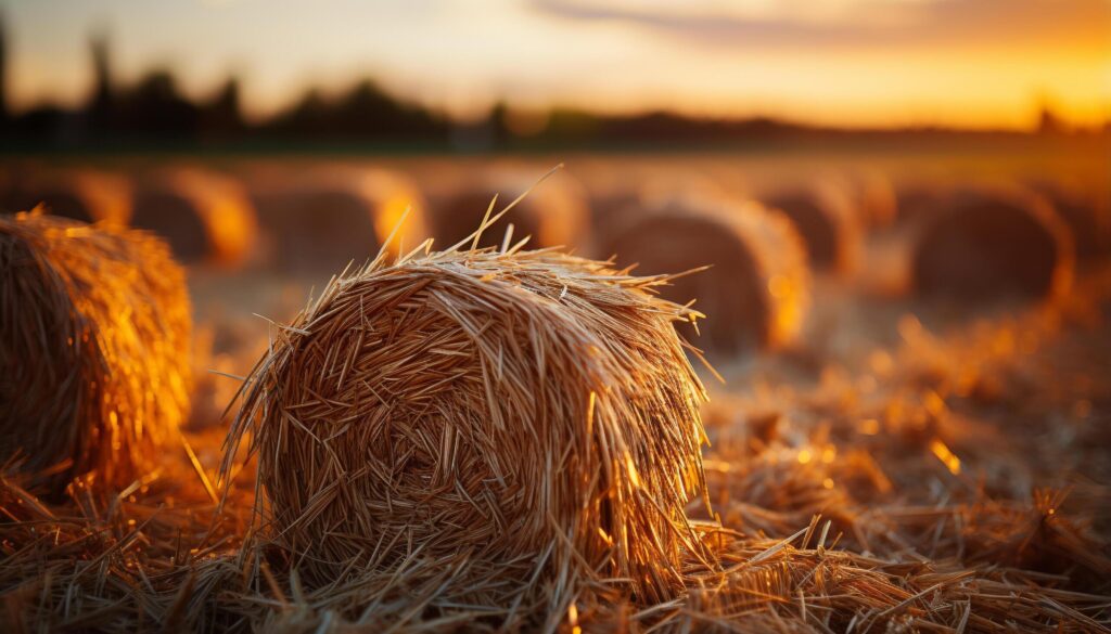 Golden haystacks dot the rural landscape, a harvest in motion generated by AI Free Photo