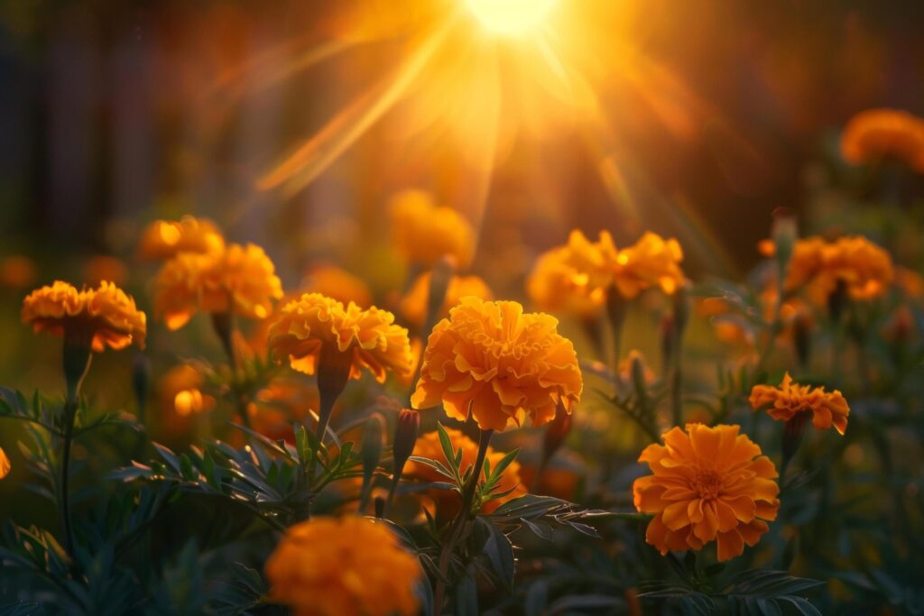 Golden Hour Glow on Marigold Flowers in Field Free Photo