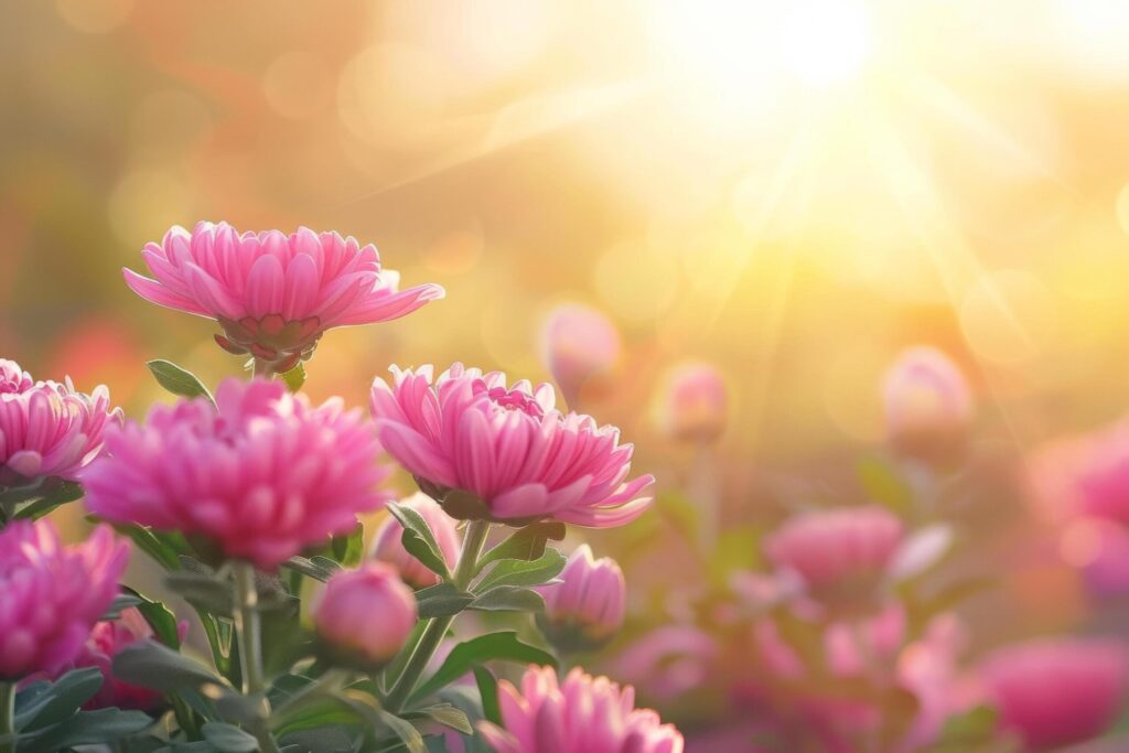 Golden Hour Glow on Pink Chrysanthemums Free Photo