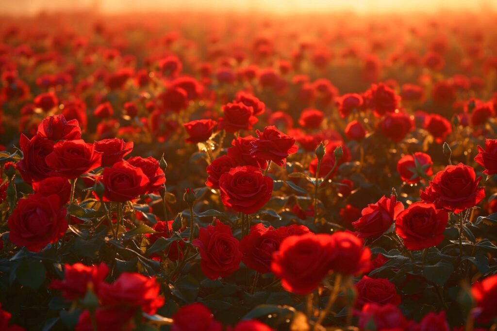 Golden Hour Glow on Red Rose Field Free Photo