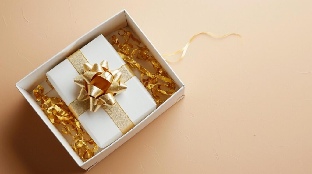 Golden Present Top View of 3D Luxury Gift Box with Ribbon, Empty Space, Ai generated Free Photo