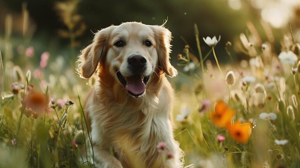 Golden Retriever Basks in Sunset Glow While Running Through Tall Green Grass Free Photo