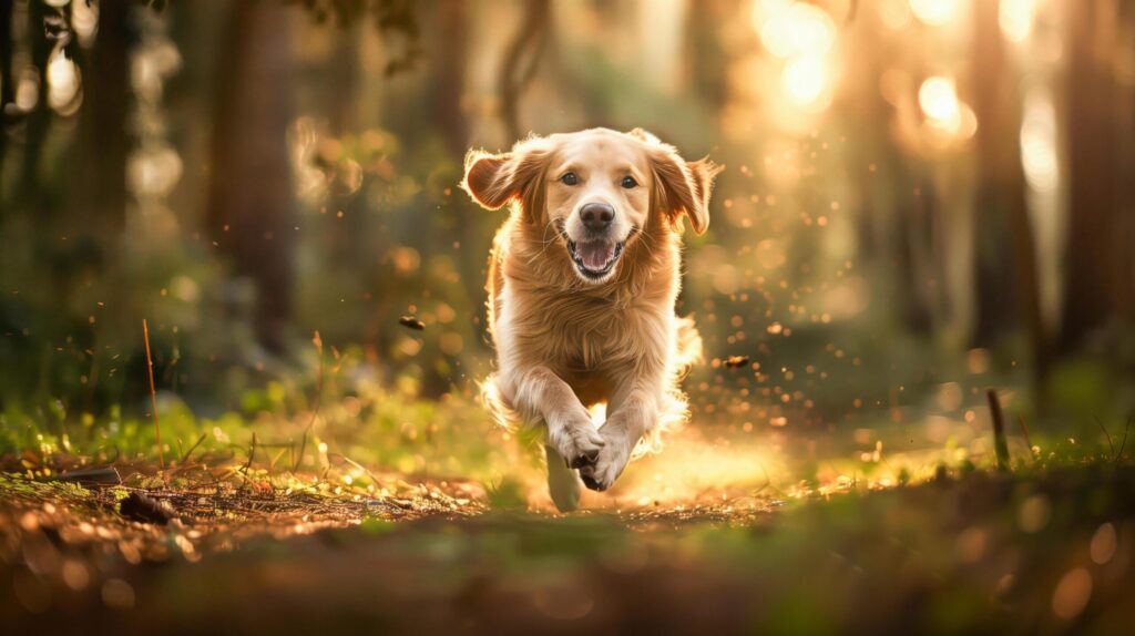 Golden retriever dog running in forest, suitable for pet websites, outdoor adventures, animal themed designs, dog training materials, nature blogs, and pet product ads. Free Photo