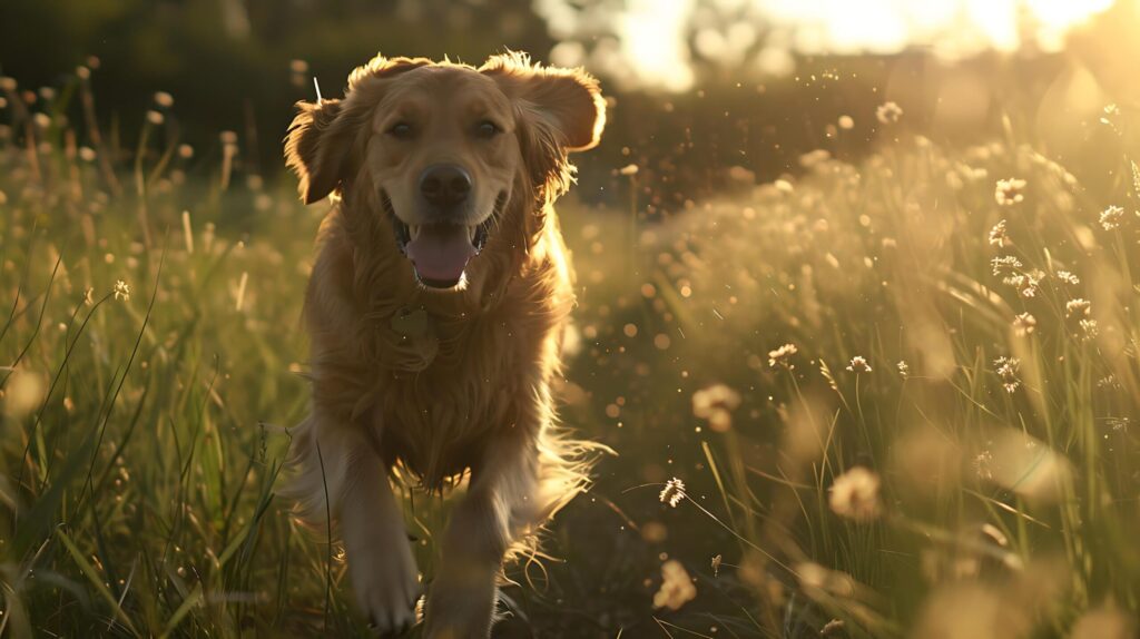 Golden Retriever Frolicks in SunsetKissed Field of Green Grass Free Photo