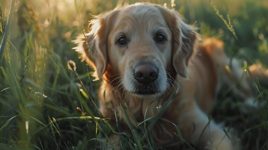 Golden Retriever Frolics in Grassy Field Captured in CloseUp 50mm Lens Shot Free Photo