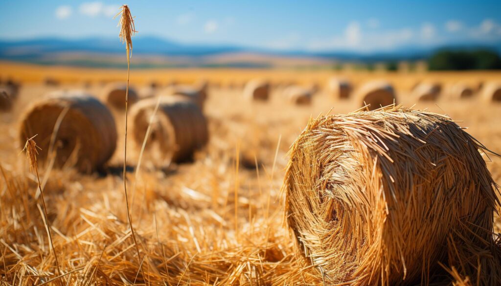 Golden wheat bales dot the rural landscape in autumn generated by AI Free Photo