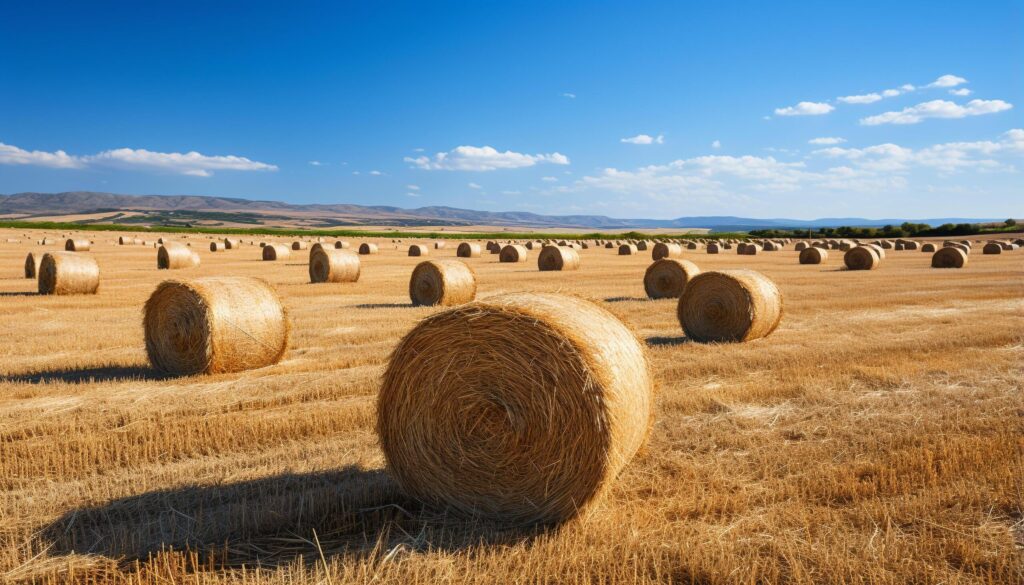 Golden wheat fields roll under a clear blue sky generated by AI Free Photo