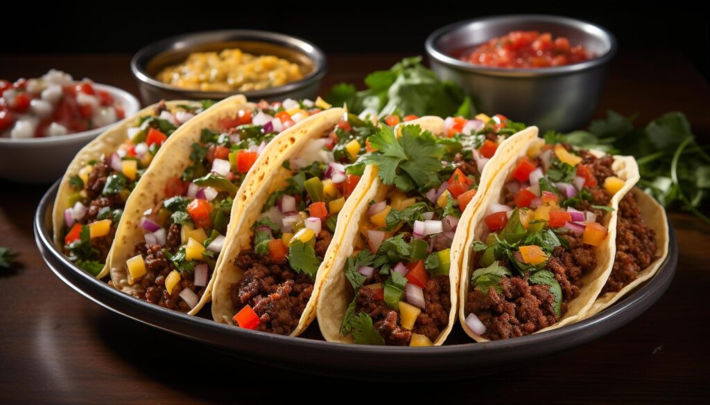 Gourmet beef taco with guacamole, tomato, and cilantro, ready to eat generated by AI Free Photo