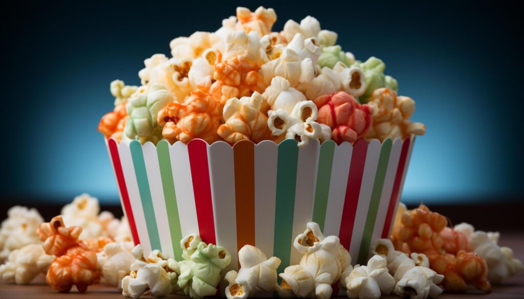 Gourmet candy box, fresh popcorn, movie theater indulgence generated by AI Free Photo