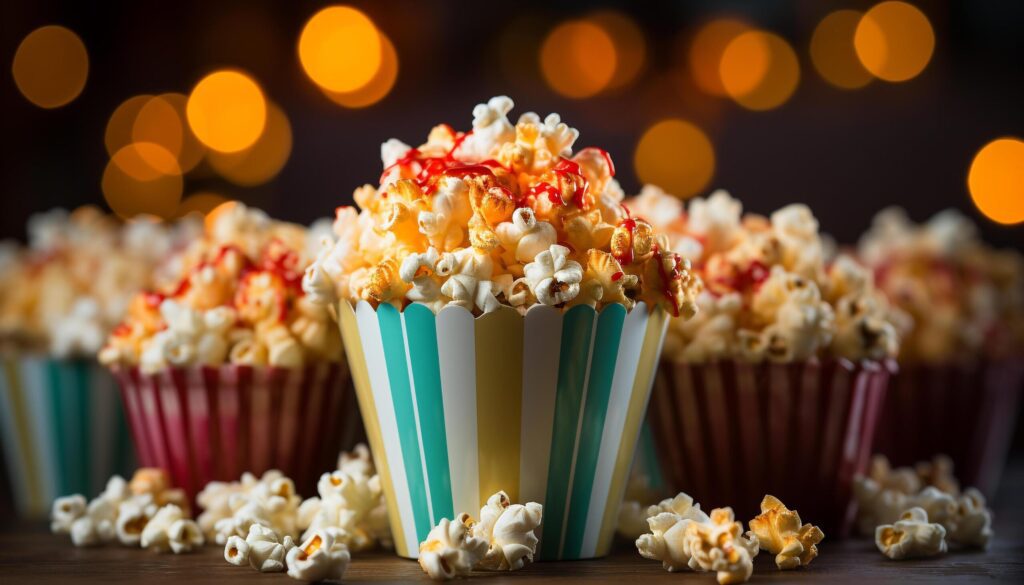 Gourmet candy box, movie night, sweet indulgence, refreshing drink generated by AI Free Photo