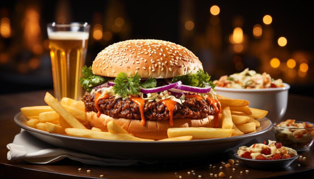 Gourmet cheeseburger, fries, and cola American culture on table generated by AI Free Photo