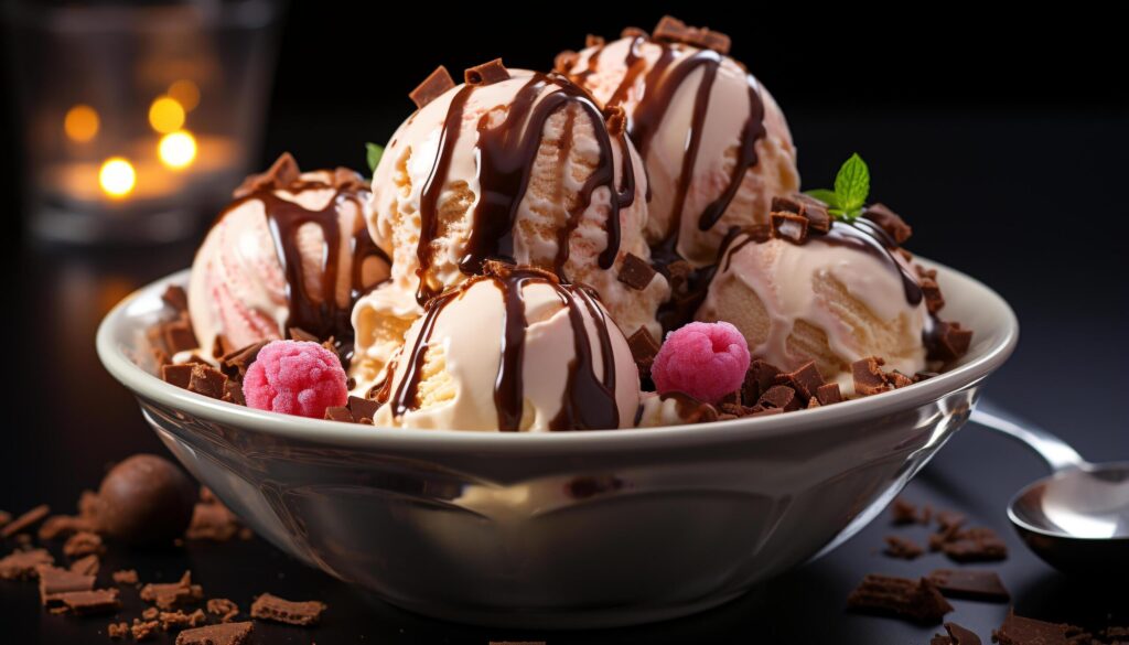 Gourmet chocolate ice cream sundae on wooden table generated by AI Free Photo