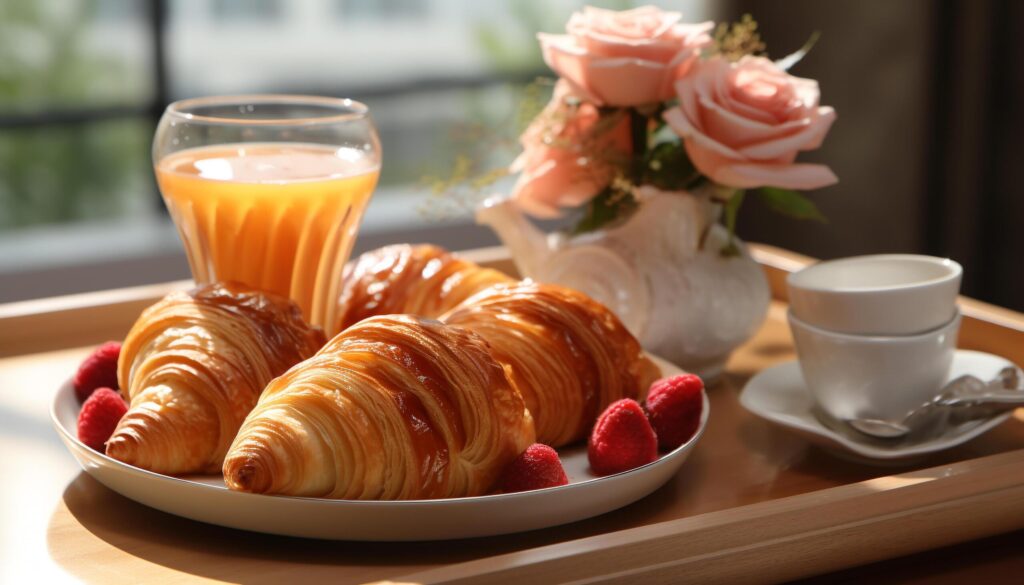 Gourmet croissant, fresh coffee, sweet dessert, homemade seafood, healthy meal generated by AI Free Photo