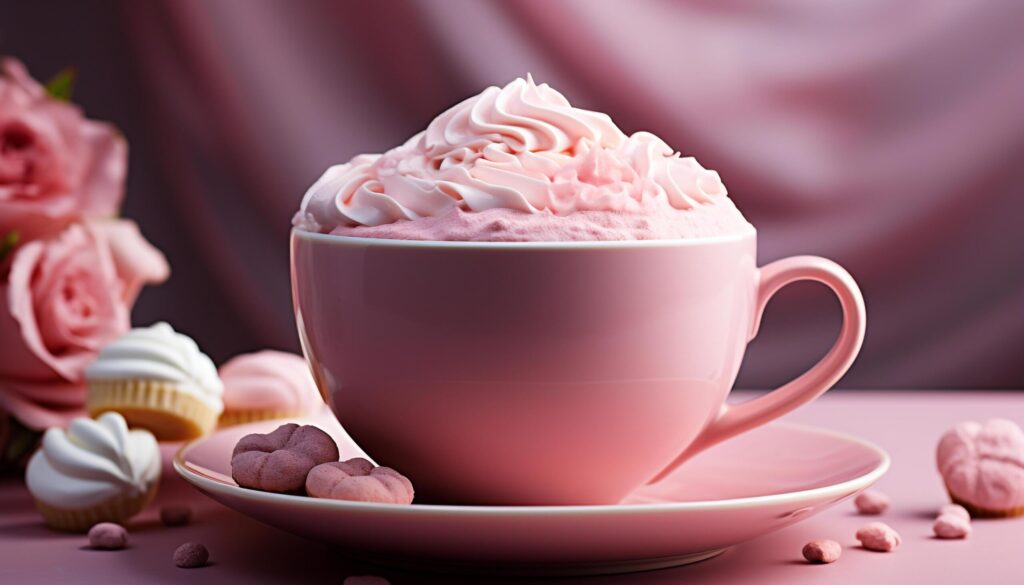 Gourmet dessert chocolate drink, sweet coffee, pink whipped cream generated by AI Free Photo