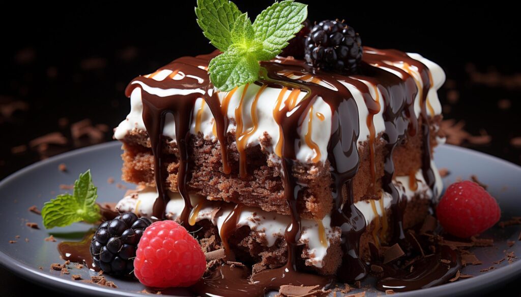 Gourmet dessert plate chocolate cake, raspberry slice, mint leaf generated by AI Free Photo