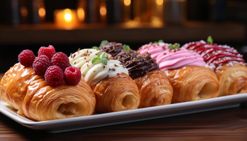 Gourmet dessert plate chocolate, raspberry, whipped cream, fresh fruit generated by AI Free Photo