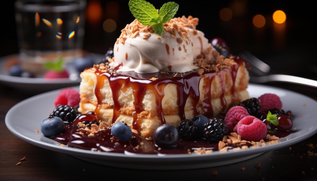 Gourmet dessert plate fresh berries, chocolate, whipped cream generated by AI Free Photo