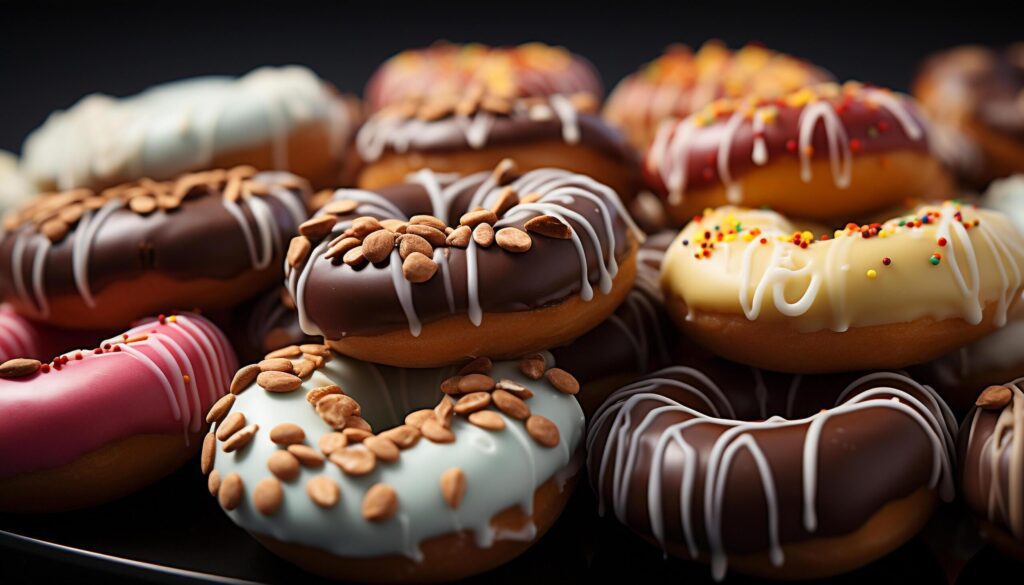 Gourmet donut stack, tempting indulgence on pink plate generated by AI Free Photo