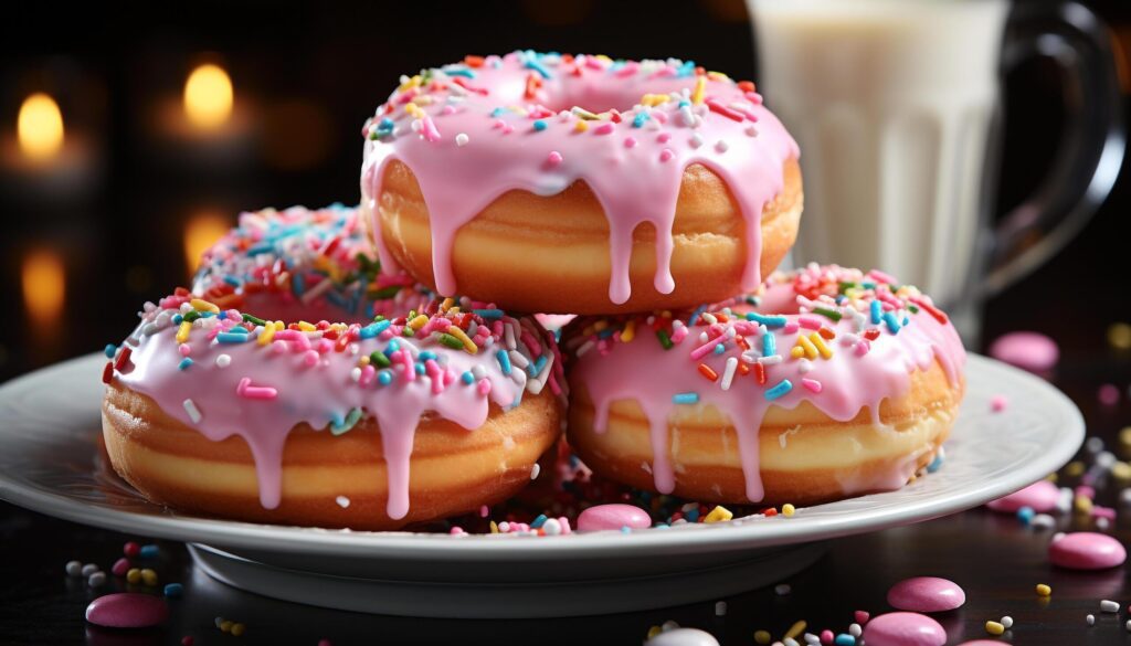 Gourmet donut with chocolate icing, colorful sprinkles, and strawberry generated by AI Free Photo