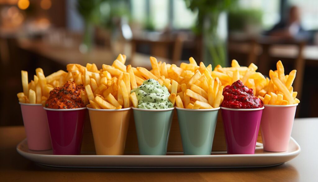 Gourmet meal, fresh fries, sweet dessert, refreshing drink, healthy eating generated by AI Free Photo