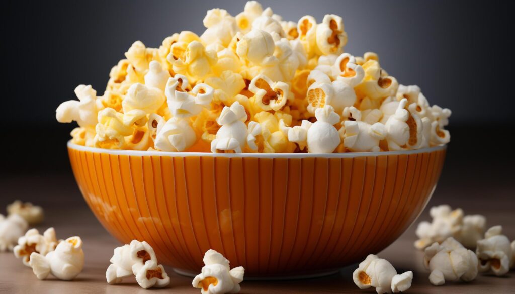 Gourmet popcorn in a yellow bowl, perfect movie snack generated by AI Free Photo