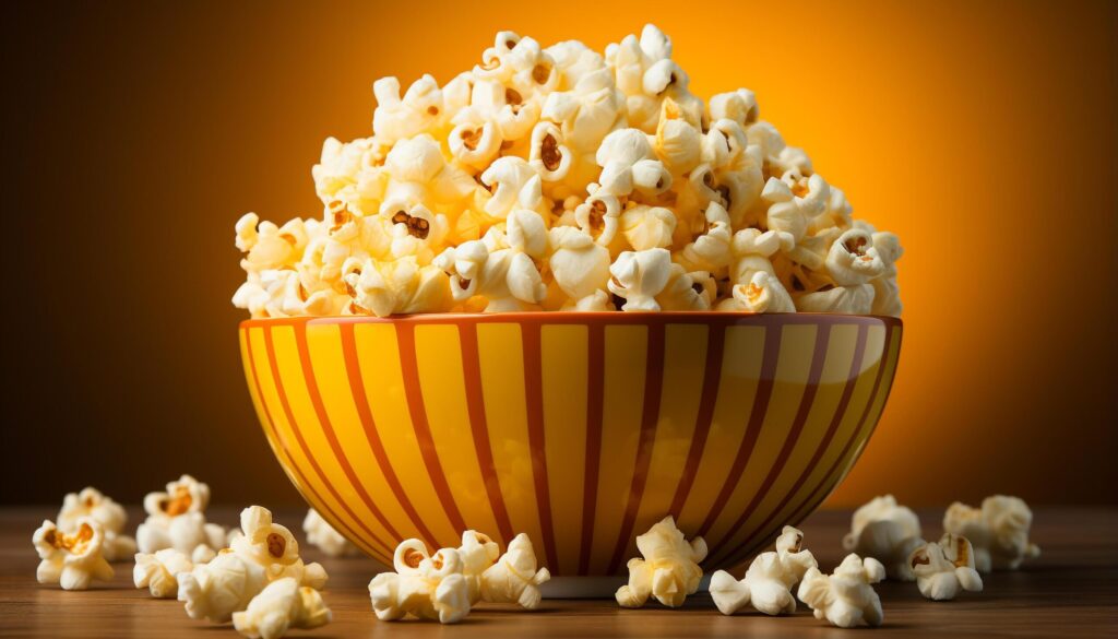 Gourmet popcorn in yellow bowl, perfect movie snack generated by AI Free Photo