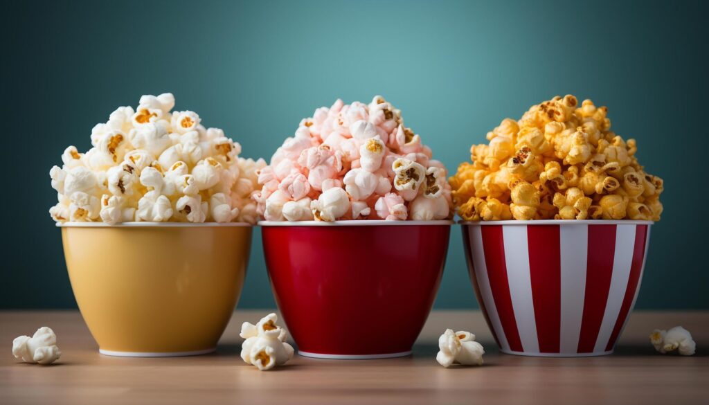 Gourmet popcorn in yellow bowl, perfect movie theater snack generated by AI Free Photo