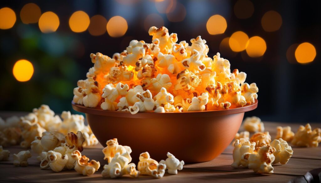 Gourmet snack, fresh popcorn, movie night, fun indulgence generated by AI Free Photo