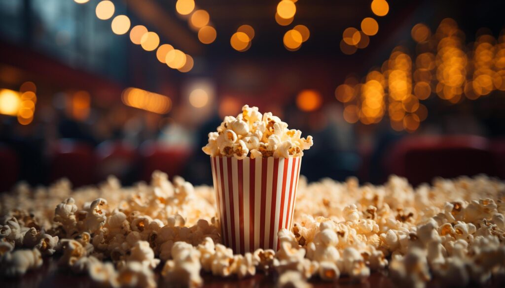 Gourmet snacks in a row, watching movie in theater generated by AI Free Photo