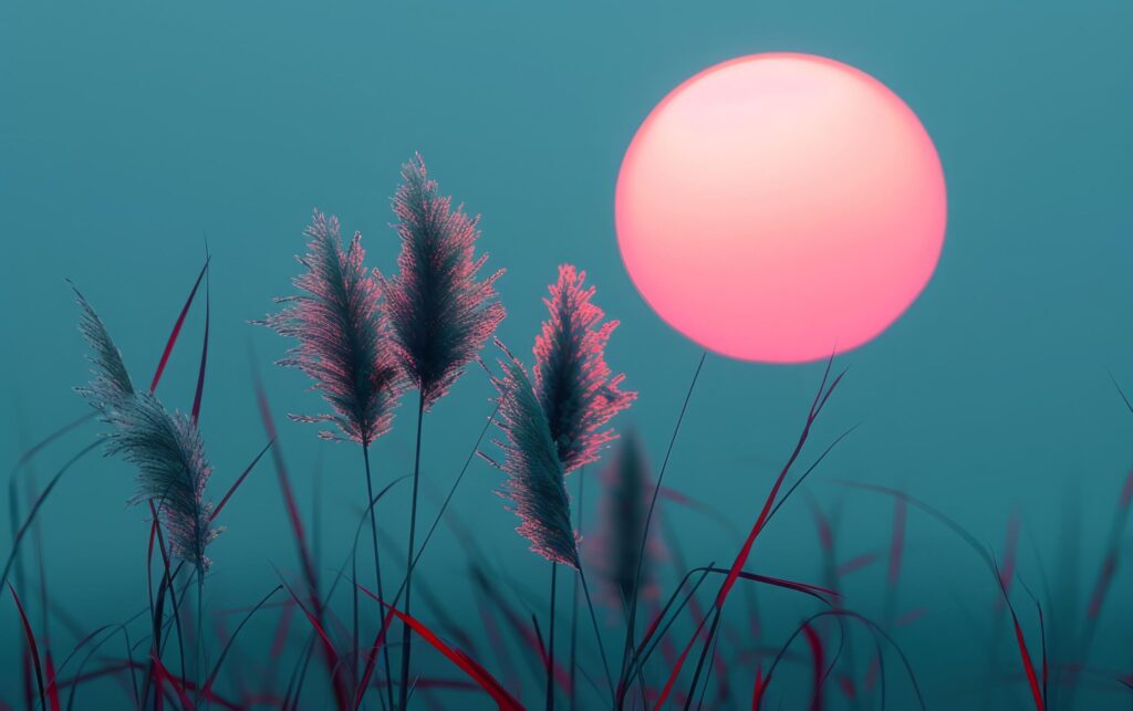 Grass blades stand against a blushing twilight sky Free Photo