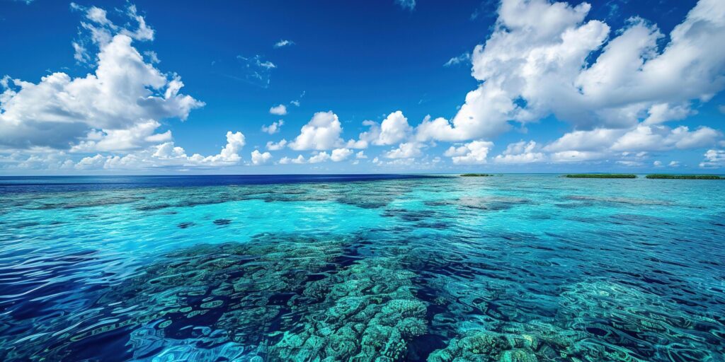 Great Barrier Reef on the coast of Queensland, Australia seascape. Coral sea marine ecosystem wallpaper with blue cloudy sky in the daylight Free Photo