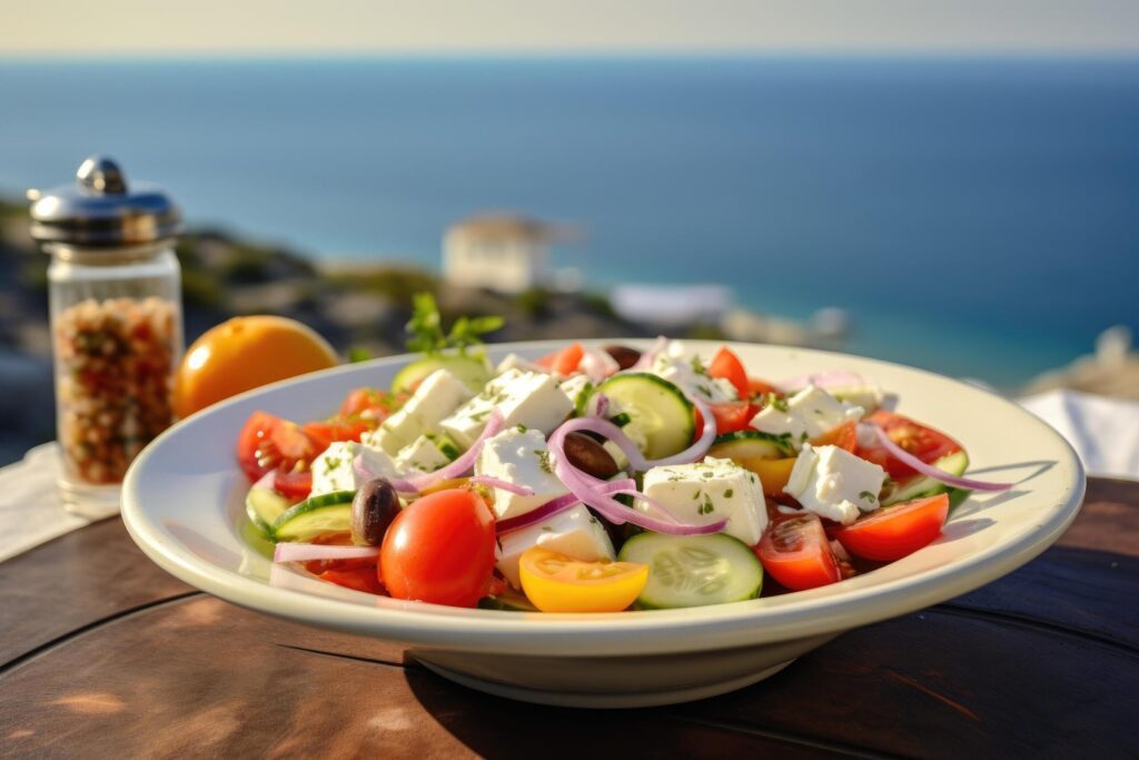 Greek salad with tomatoes, cucumbers, white feta cheese, olives and the sea in the background Free Photo