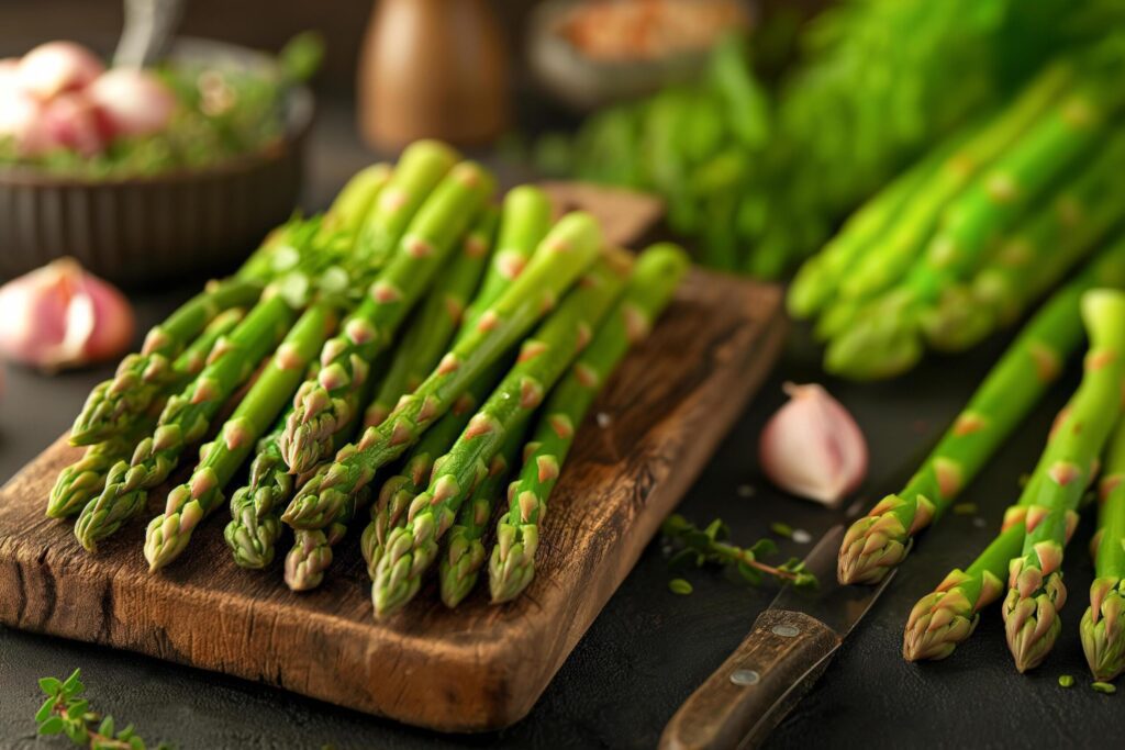 Green Asparagus on a wooden cutting board. Free Photo