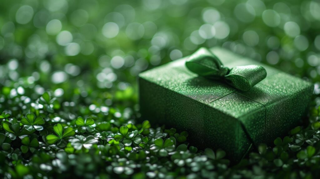 Green Luxury Gift Box with a Shiny Bow on a Shamrock Background Free Photo