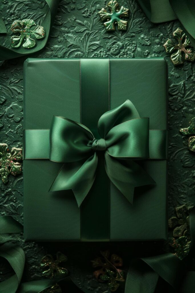 Green Luxury Gift Box with a Shiny Bow on a Shamrock Background large copyspace area Free Photo