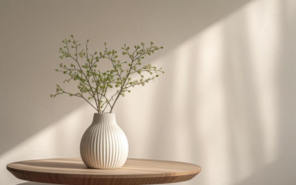 AI generated Green Sprigs in Stylish Modern Vase on a Wooden Table, Neutral Wall in Background Stock Free