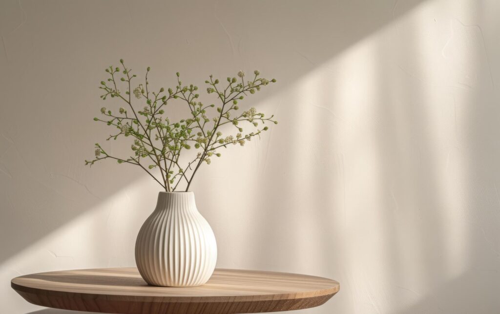 Green Sprigs in Stylish Modern Vase on a Wooden Table, Neutral Wall in Background Free Photo