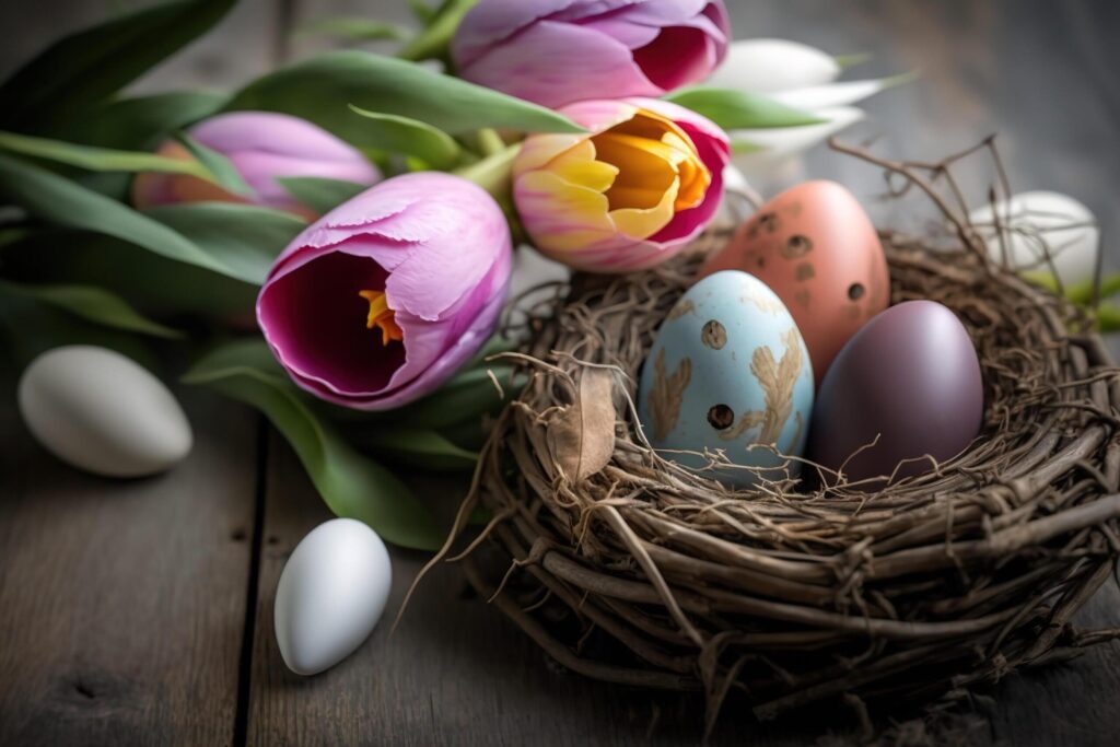 Greeting card for Easter holidays with colorful easter eggs in bird nest and colorful tulips on wooden table. Spring season. Free Photo