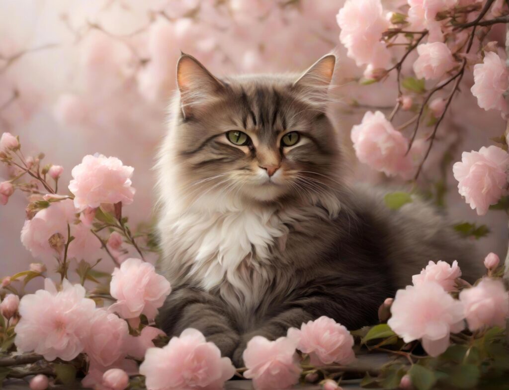 Grey cat surrounded by pink blossoms Free Photo