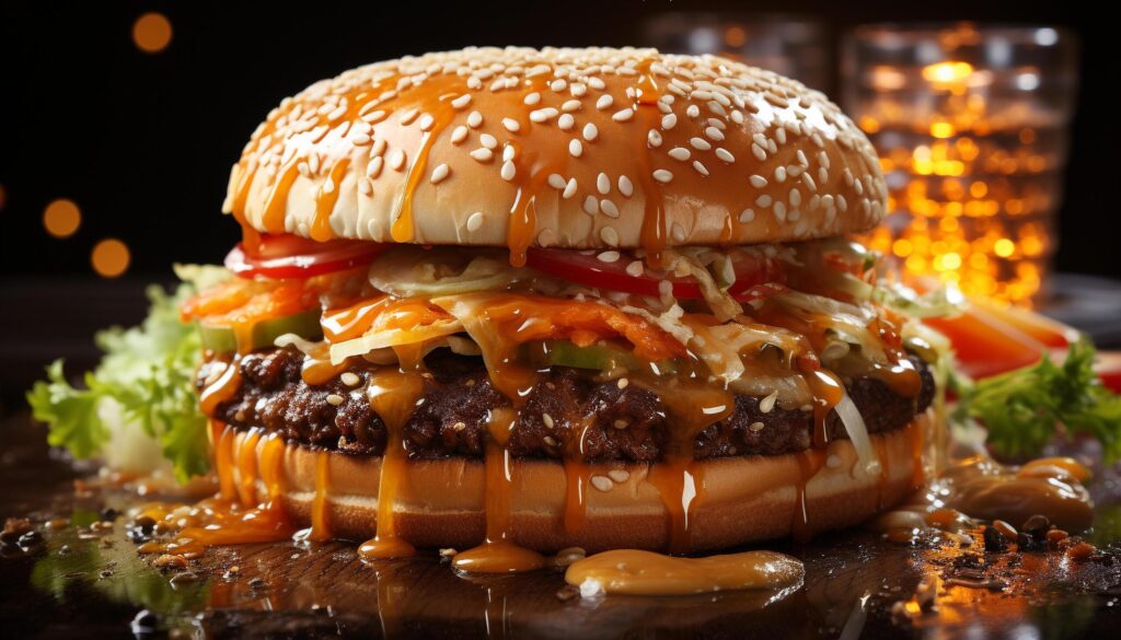 Grilled beef burger, fresh cheese, tomato, on sesame bun generated by AI Free Photo