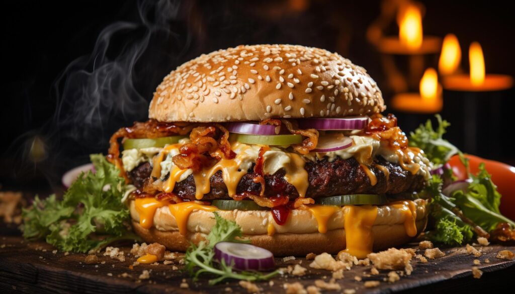 Grilled beef burger, gourmet meal, rustic bread, melting cheese generated by AI Free Photo