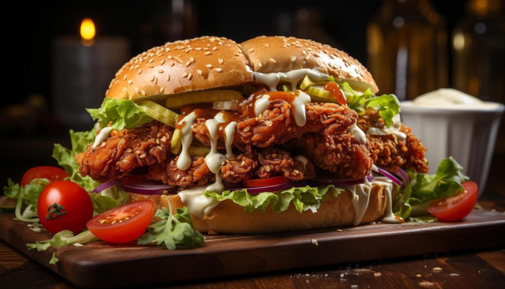 Grilled beef burger on a rustic wooden table, fresh and delicious generated by AI Free Photo